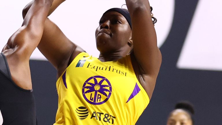 Chelsea Gray shoots a fadeaway jump shot in the Los Angeles Sparks' victory against the Connecticut Sun