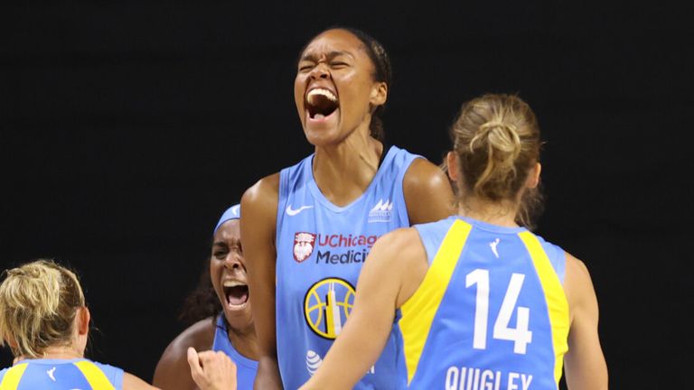 Cheyenne Parker celebrates a basket during the Chicago Sky's win over the Washington Mystics