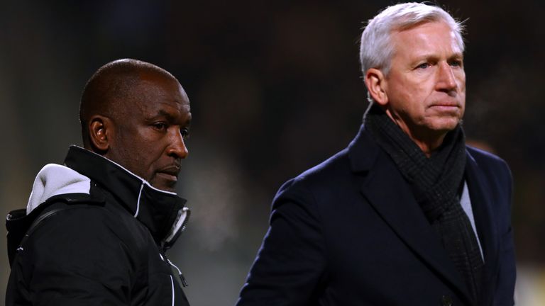  ADO Den Haag manager / Head coach, Alan Pardew (R) and his assistant coach, Chris Powell (L) give their players instructions from the sidelines during the Eredivisie match between ADO Den Haag and RKC Waalwijk at Cars Jeans Stadion on January 19, 2020 in The Hague, Netherlands.