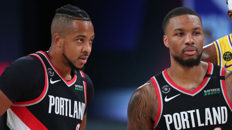 CJ McCollum and Damian Lillard pictured during Portland's Game 1 win over the Lakers