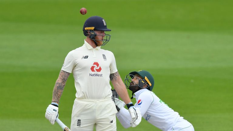 England's Ben Stokes is caught by Mohammad Rizwan during the first Test against Pakistan
