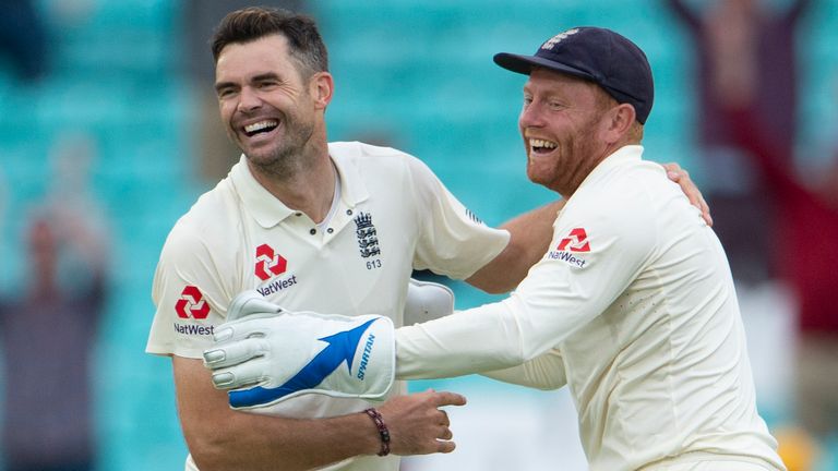 James Anderson celebrates with Jonny Bairstow after bowling Mohammed Shami of India to overtake Glenn McGrath with 564 Test wickets
