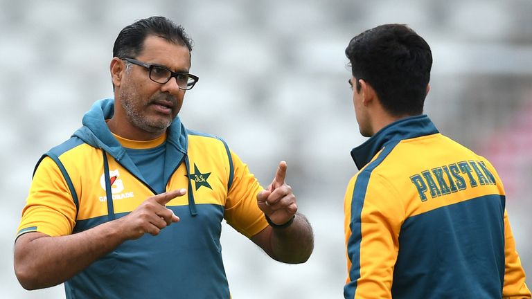 Pakistan bowling coach Waqar Younis (L) with young paceman Naseem Shah