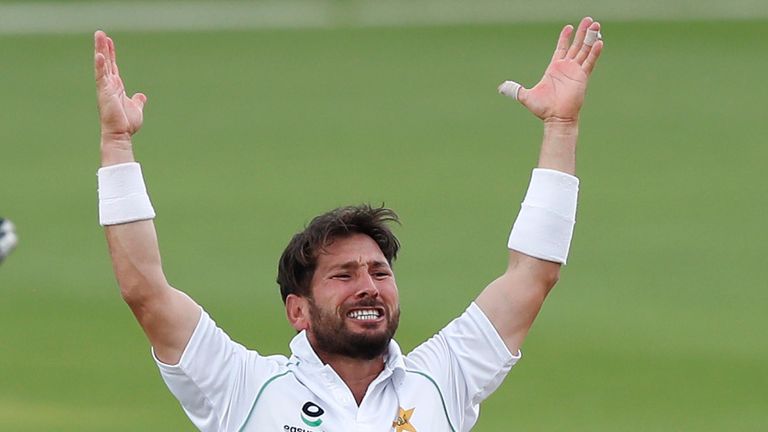 Pakistan's Yasir Shah appeals successfully for lbw against England opener Dom Sibley in the third Test