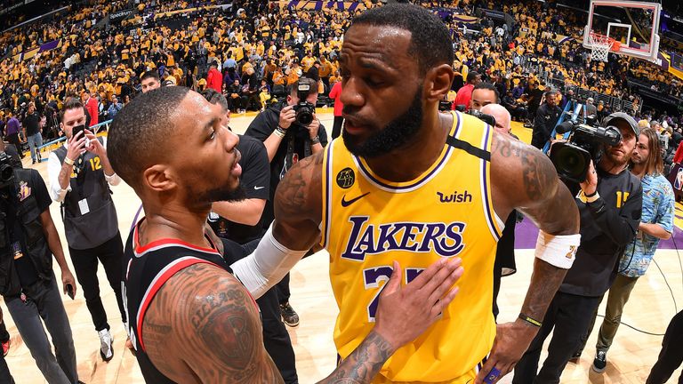 Damian Lillard and LeBron James exchange words following a Blazers-Lakers game at Staples Center