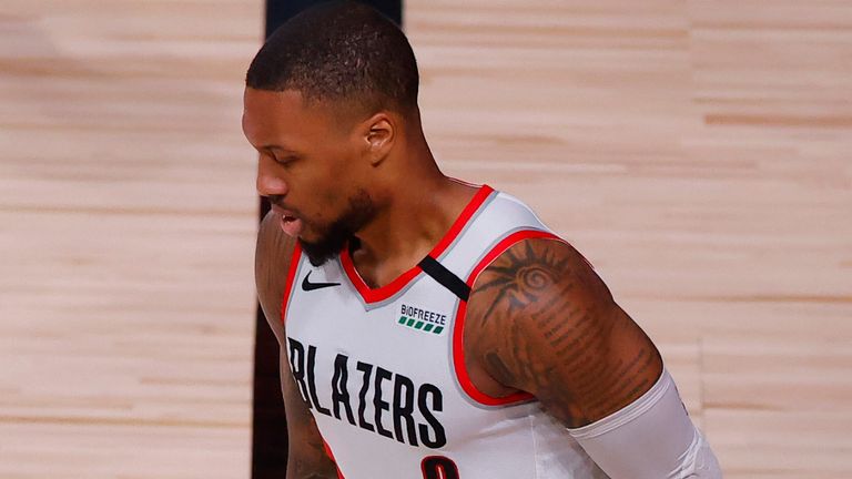 An injured Damian Lillard pictured during Portland's Game 4 loss to the Lakers