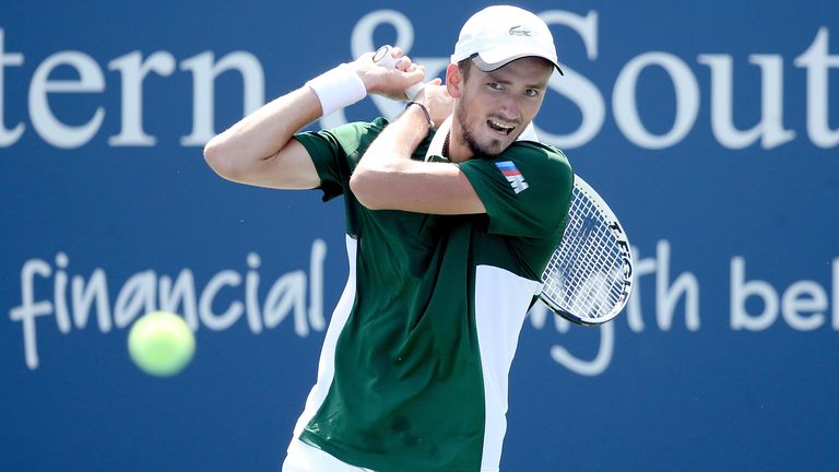 Daniil Medvedev of Russia returns a shot to Aijaz Bedene of Slovenia during the Western & Southern Open at the USTA Billie Jean King National Tennis Center on August 25, 2020 in the Queens borough of New York City.