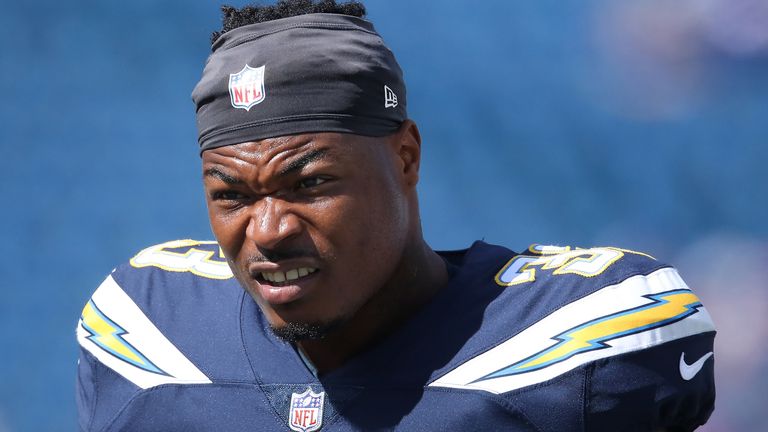 BUFFALO, NY - SEPTEMBER 16: Derwin James #33 of the Los Angeles Chargers warms up before the start of NFL game action against the Buffalo Bills at New Era Field on September 16, 2018 in Buffalo, New York. (Photo by Tom Szczerbowski/Getty Images) *** Local Caption *** Derwin James