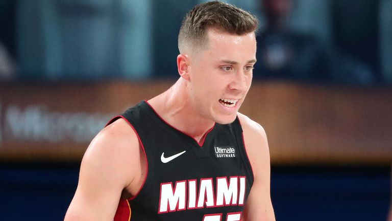 Duncan Robinson reacts after nailing a three-pointer in Miami's Game 2 win over Indiana