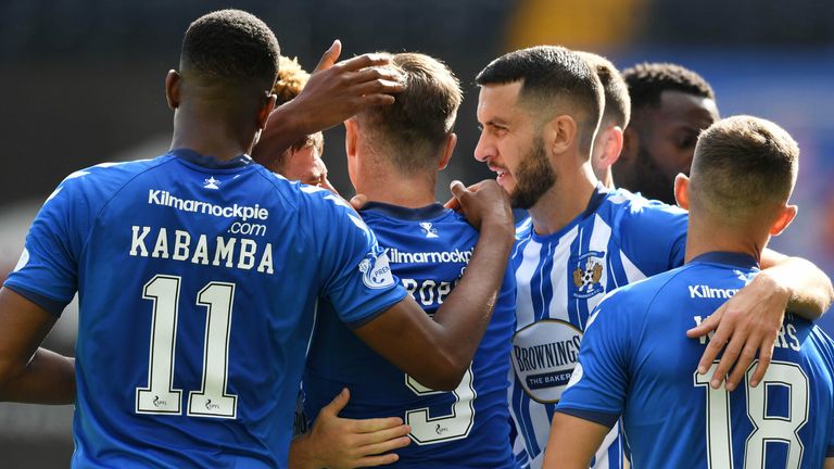 Kilmarnock's Eamonn Brophy celebrates his goal with team-mates after making it 2-0 against Dundee United