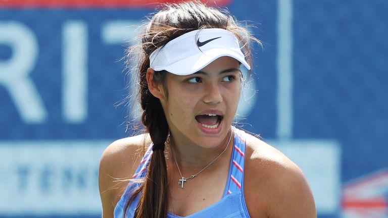 Emma Raducanu of British Bulldogs reacts during her match against Heather Watson of Union Jacks during day four of the St. James's Place Battle Of The Brits Team Tennis at National Tennis Centre on July 30, 2020 in London, England.