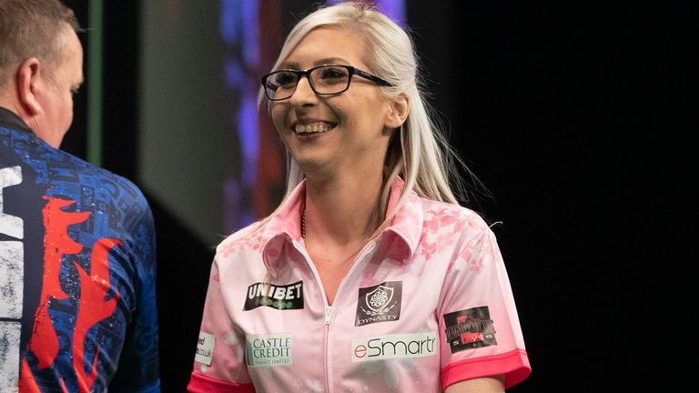 Fallon Sherrock during her match against Glen Durrant in the 2020 Unibet Premier League