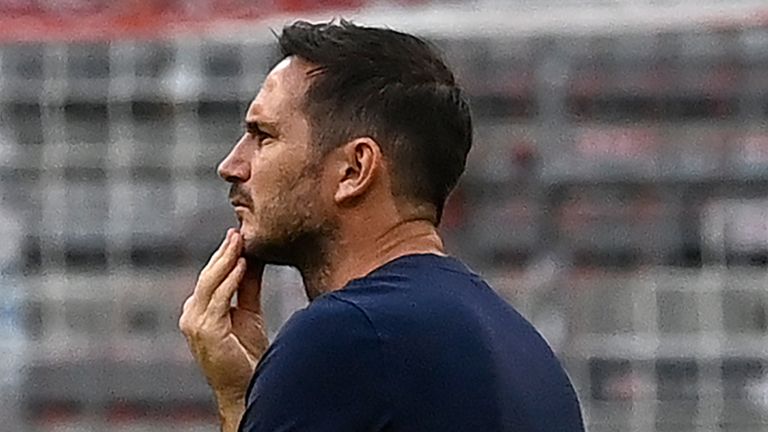 Frank Lampard looks on as his side are knocked out of the Champions League by Bayern Munich