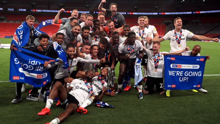 Fulham celebrate with the trophy after winning the Sky Bet Championship Play Off Final at Wembley Stadium, London. PA Photo. Issue date: Tuesday August 4, 2020. See PA story SOCCER Championship. Photo credit should read: Mike Egerton/PA Wire...EDITORIAL USE ONLY No use with unauthorised audio, video, data, fixture lists, club/league logos or "live" services. Online in-match use limited to 120 images, no video emulation. No use in betting, games or single club/league/player publications.