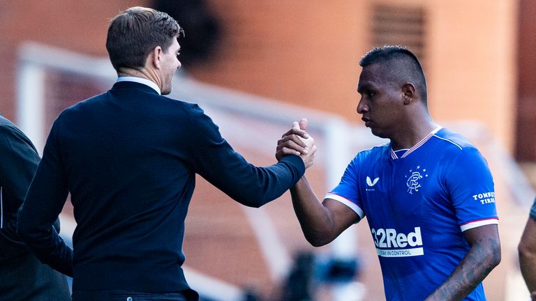 Rangers manager Steven Gerrard greets Alfredo Morelos 