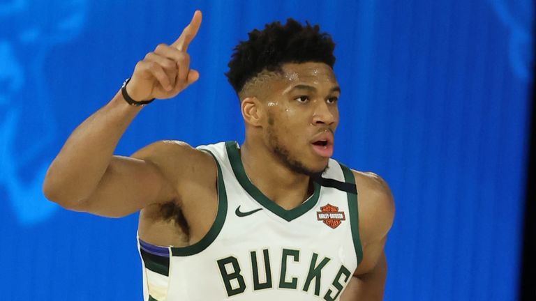 Giannis Antetokounmpo celebrates after scoring in the Bucks' Game 2 win over the Magic