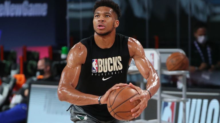 Reigning NBA MVP Giannis Antetokounmpo warmed up on court ahead of Game 5