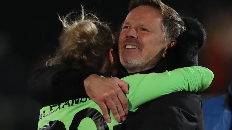 Glasgow City manager Scott Booth celebrates after their penalty shootout victory win over Brondby IF in the last 16