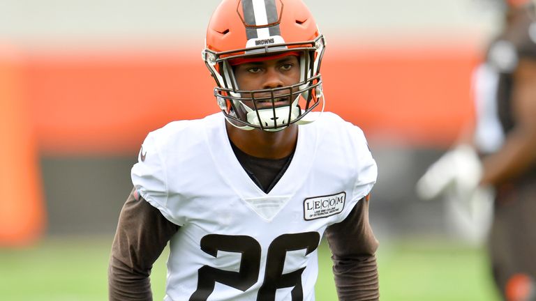 Greedy Williams #26 of the Cleveland Browns works out during training camp on August 16, 2020 at the Cleveland Browns training facility in Berea, Ohio.