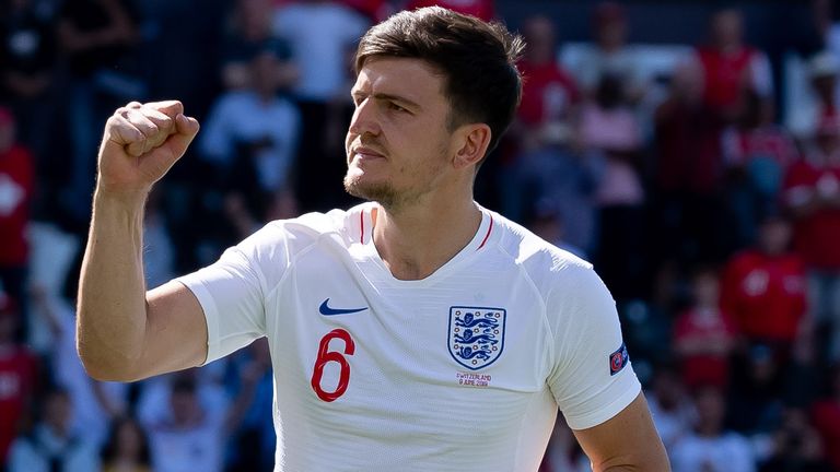 Harry Maguire of England celebrates during the UEFA Nations League Third Place Playoff match between Switzerland and England at Estadio D. Afonso Henriques on June 9, 2019 in Guimaraes, Portugal.