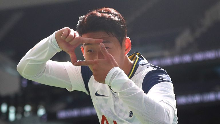 Heung-Min Son celebrates after scoring his second goal against Ipswich