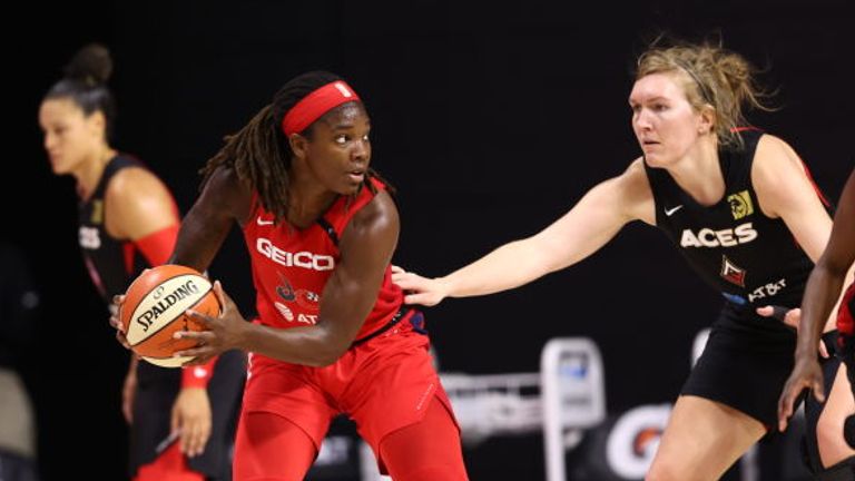 Myisha Hines-Allen of the Washington Mystics handles the ball during the game against the Las Vegas Aces