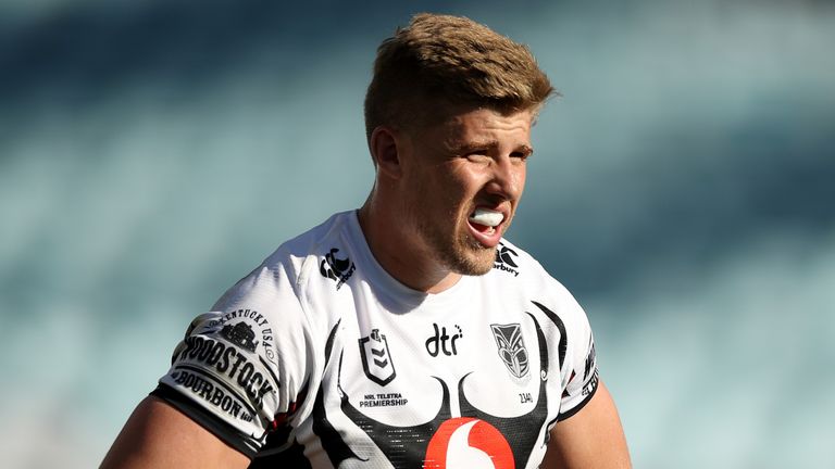 SYDNEY, AUSTRALIA - AUGUST 23: Jack Murchie of the Warriors looks on during the round 15 NRL match between the Canterbury Bulldogs and the New Zealand Warriors at ANZ Stadium on August 23, 2020 in Sydney, Australia. (Photo by Mark Kolbe/Getty Images)