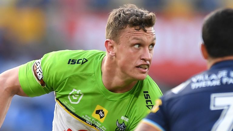 GOLD COAST, AUSTRALIA - AUGUST 22: Jack Wighton of the Raiders looks to pass the ball during the round 15 NRL match between the Gold Coast Titans and the Canberra Raiders at Cbus Super Stadium on August 22, 2020 in Gold Coast, Australia. (Photo by Matt Roberts/Getty Images)