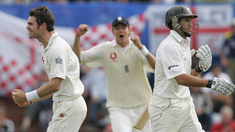 Stuart Broad watches on as James Anderson celebrates the wicket of Ross Taylor in his 2008 comeback Test against New Zealand