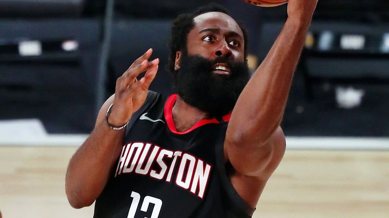 James Harden lofts a scoop shot during the Rockets' win over the Lakers