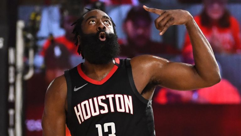 James Harden celebrates a three-pointer during Houston's Game 1 win over Oklahoma City