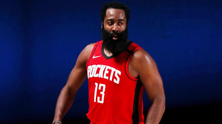 James Harden of the Houston Rockets reacts during overtime against the Dallas Mavericks