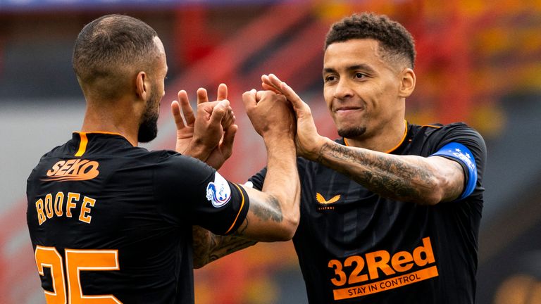 James Tavernier celebrates with Kemar Roofe after scoring to make it 2-0 to Rangers at Hamilton