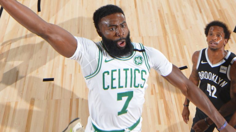 Jaylen Brown throws down a dunk in Boston's emphatic win over Brooklyn