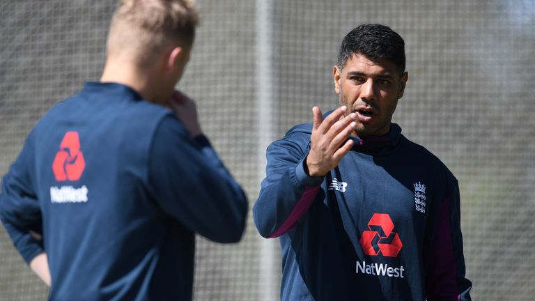 England coach Jeetan Patel speaks with Matt Parkinson during a net session at Bert Sutcliffe Oval on October 26, 2019 in Lincoln, New Zealand. 