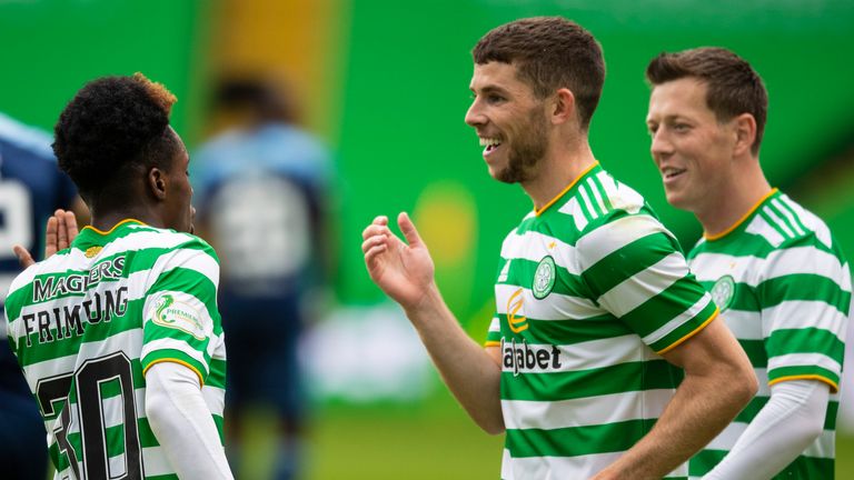 Celtic's Jeremie Frimpong celebrates his goal with Ryan Christie (right)