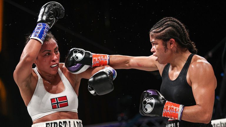 August 15, 2020; Tulsa, OK, USA; Undisputed Women's welterweight champion Cecilia Braekhus and Jessica McCaskill during their Matchroom main event bout on August 15, 2020 in Tulsa, Oklahoma. Mandatory Credit: Ed Mulholland/Matchroom