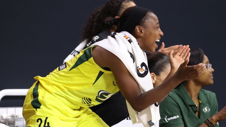 Jewell Loyd encourages her team-mates during Seattle's emphatic win over Atlanta