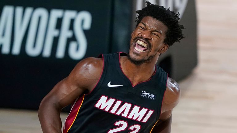 Jimmy Butler celebrates after throwing down a dunk in the Heat's Game 1 win over the Pacers