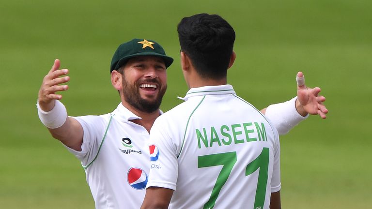 SOUTHAMPTON, ENGLAND - AUGUST 21: Naseem Shah of Pakistan celebrates the wicket of Joe Root of England with Yasir Shah during Day One of the 3rd #RaiseTheBat Test Match between England and Pakistan at the Ageas Bowl on August 21, 2020 in Southampton, England