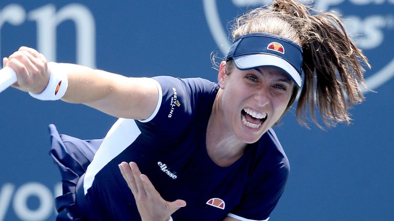 Johana Konta of Great Britain serves to Vera Zvonareva of Russia during the Western & Southern Open at the USTA Billie Jean King National Tennis Center on August 25, 2020 in the Queens borough of New York City. 