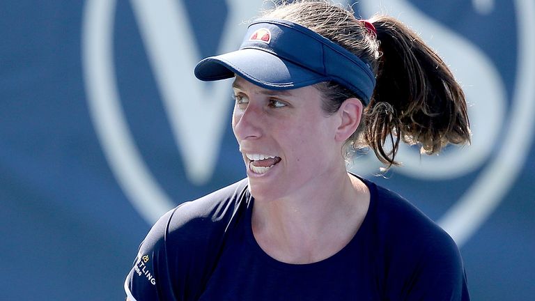 Johanna Konta of Great Britain celebrates match point after defeating Kirsten Flipkens of Belgium during their Women's Singles Second Round match on day five of the Western & Southern Open at USTA Billie Jean King National Tennis Center on August 24, 2020 in the Queens borough of New York City. (