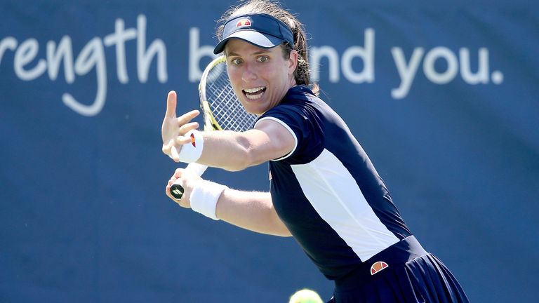 Johanna Konta of Great Britain returns a shot to Kirsten Flipkens of Belgium during their Women's Singles Second Round match on day five of the Western & Southern Open at USTA Billie Jean King National Tennis Center on August 24, 2020 in the Queens borough of New York City