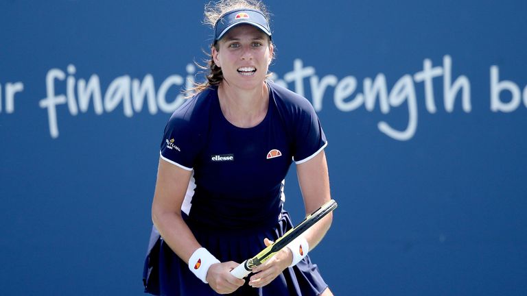 Johanna Konta of Great Britain plays Vera Zvonareva of Russia during the Western & Southern Open at the USTA Billie Jean King National Tennis Center on August 25, 2020 in the Queens borough of New York City. 