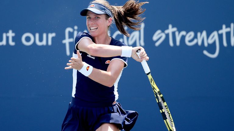 Johanna Konta of Great Britain returns a shot to Vera Zvonareva of Russia during the Western & Southern Open at the USTA Billie Jean King National Tennis Center on August 25, 2020 in the Queens borough of New York City