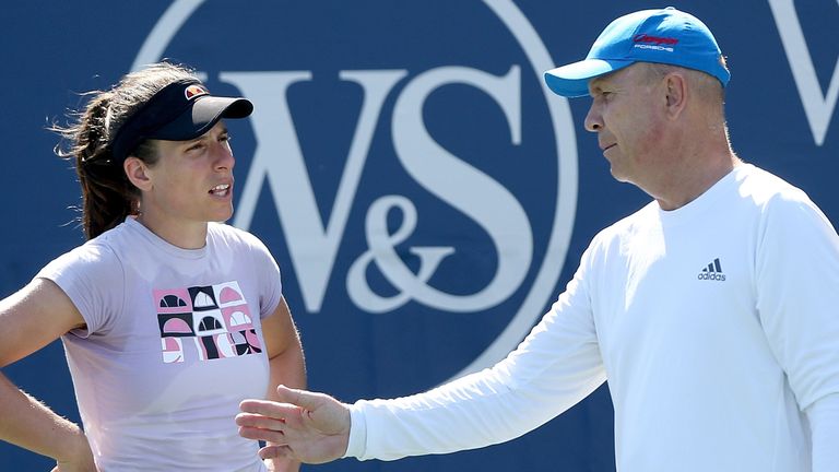 Johanna Konta of Great Britain trains with her coach Thomas Hogstedt prior to the Western & Southern Open at the USTA Billie Jean King National Tennis Center on August 21, 2020 in New York City