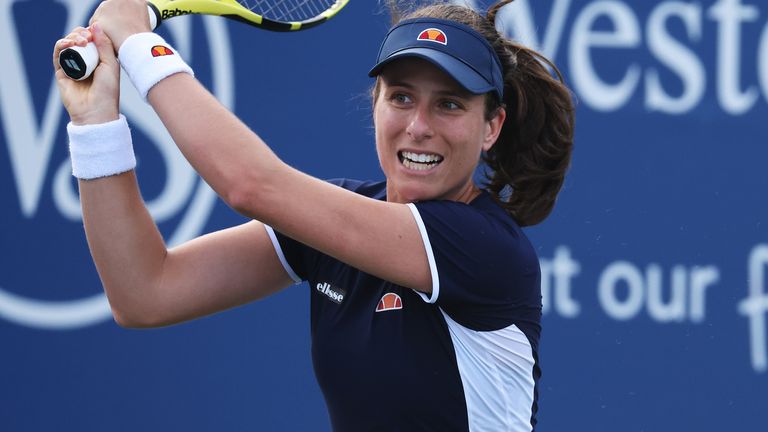 Johanna Konta of Great Britain returns a shot against Maria Sakkari of Greece during the Western & Southern Open at the USTA Billie Jean King National Tennis Center on August 26, 2020 in New York City. 