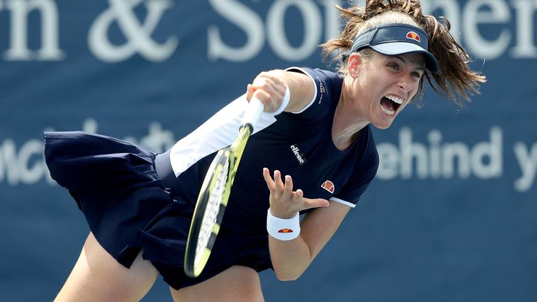 Johanna Konta of Great Britain serves to Victoria Azarenka of Belarus in their semifinal match during the Western & Southern Open at the USTA Billie Jean King National Tennis Center on August 28, 2020 in the Queens borough of New York City