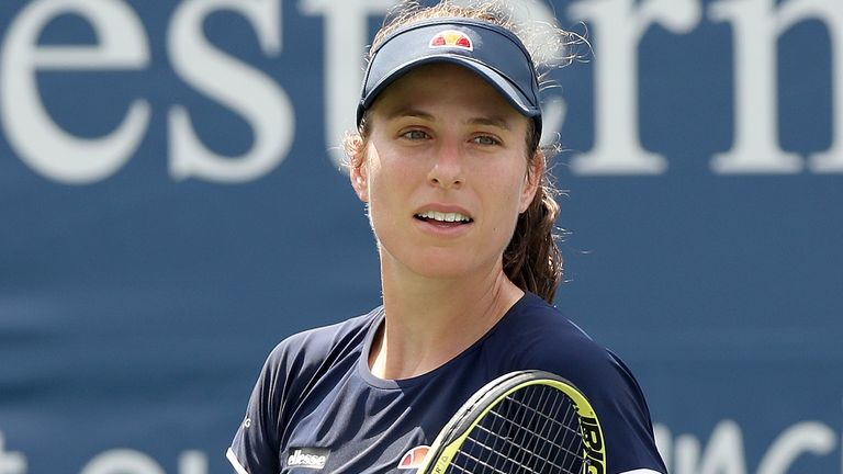 Johanna Konta of Great Britain plays Victoria Azarenka of Belarus in their semifinal match during the Western & Southern Open at the USTA Billie Jean King National Tennis Center on August 28, 2020 in the Queens borough of New York City