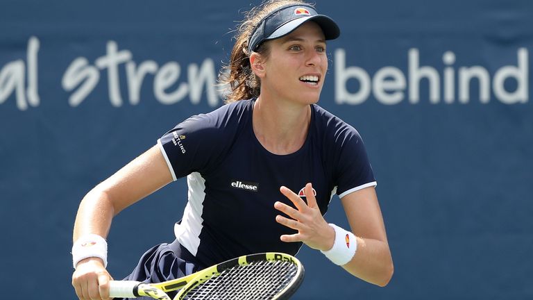 Johanna Konta of Great Britain plays Victoria Azarenka of Belarus in their semifinal match during the Western & Southern Open at the USTA Billie Jean King National Tennis Center on August 28, 2020 in the Queens borough of New York City. 